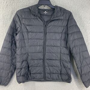 Merence Womens Jacket Down Hooded Black Puffer Lightweight Packable Nylon Medium
